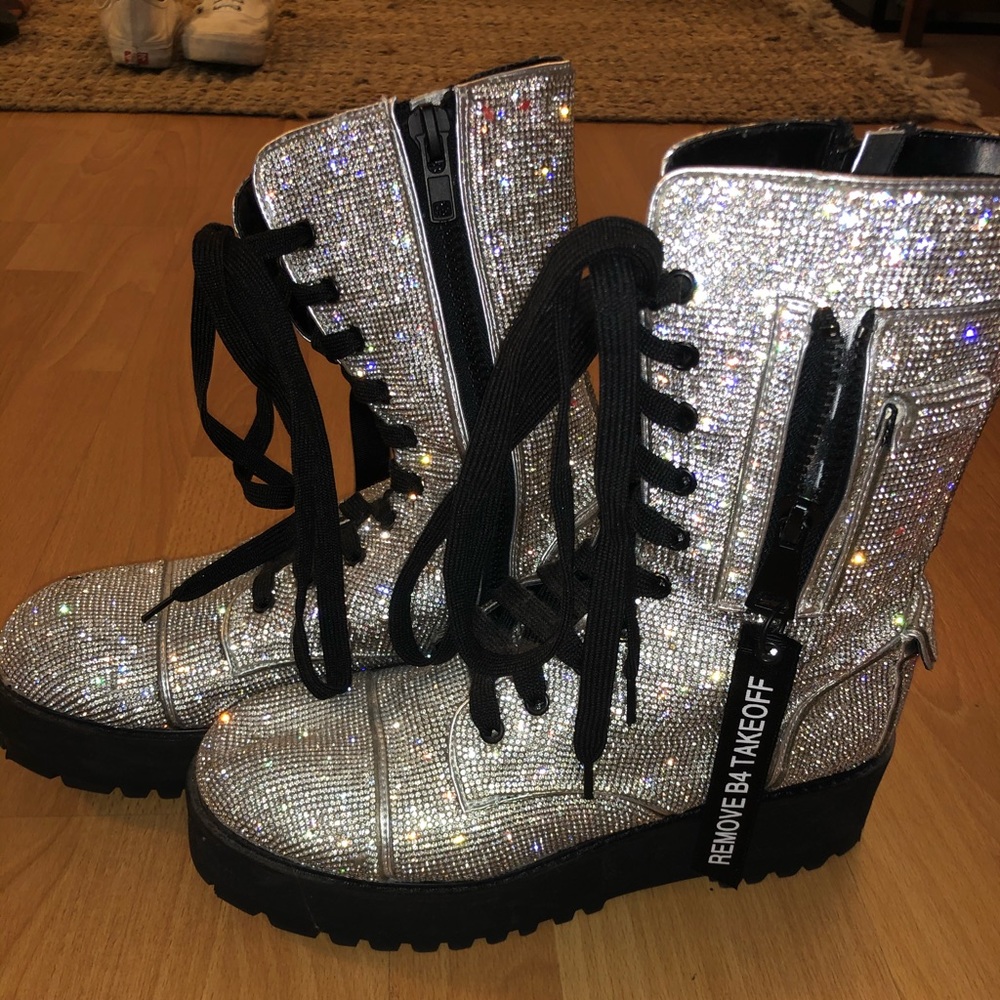 Dolls Kill platform silver rhinestone boots